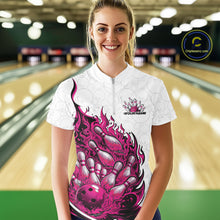 Load image into Gallery viewer, Cusom Pink Flame Bowling Women Quarter-Zip Team Shirt, Fire Bowling Tournament Jersey IPHW11130