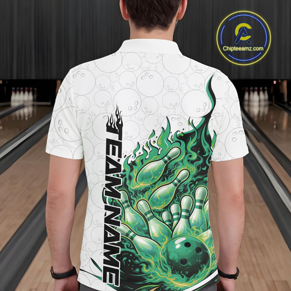 Back view of a white and green bowling polo shirt showcasing bowling ball and pin artwork with flame effects.