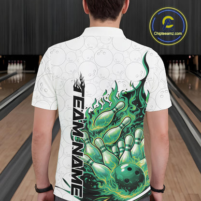 Back view of a white and green bowling polo shirt showcasing bowling ball and pin artwork with flame effects.