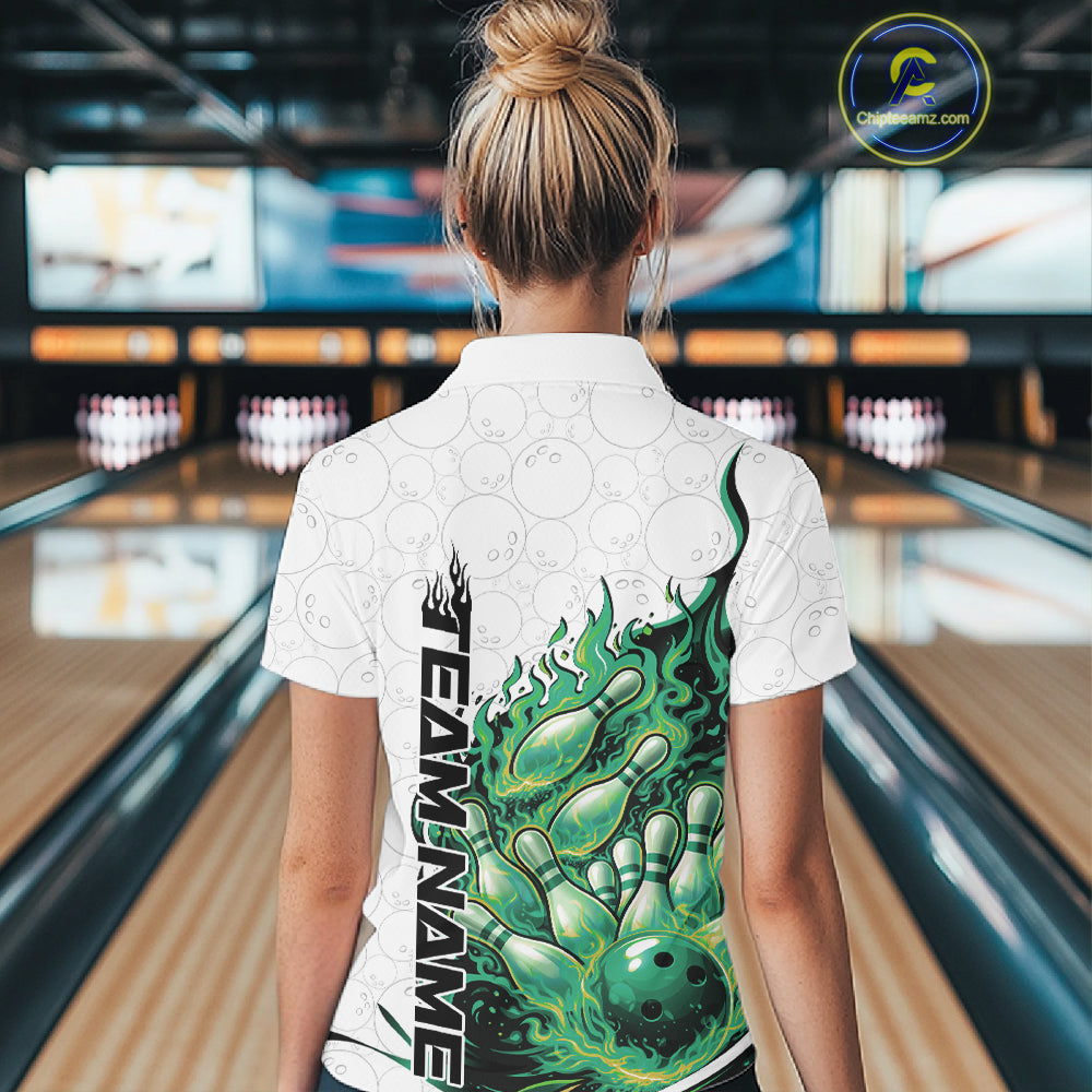 Back view female model in bowling lane wearing polo shirt with flaming bowling ball crashing into pins green fiery bowling artwork