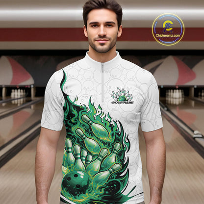 Male model in bowling lane wearing quarter-zip shirt with flaming bowling ball crashing pins white pink sports artwork