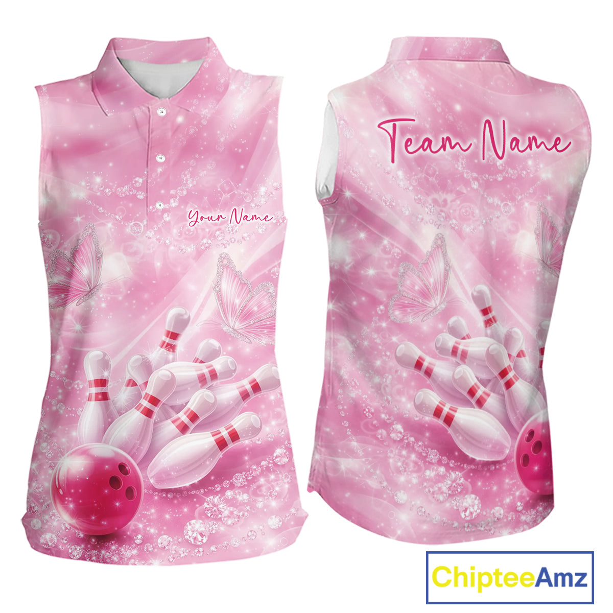 Front and back view of a women’s sleeveless bowling shirt featuring a pink bowling ball striking pins with butterfly and sparkling diamond artwork.