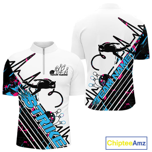 Custom Blue And Pink Camo Strike Bowling Quarter-Zip Shirts For Men, Bowling Heartbeat Pulse Line IPHW9248