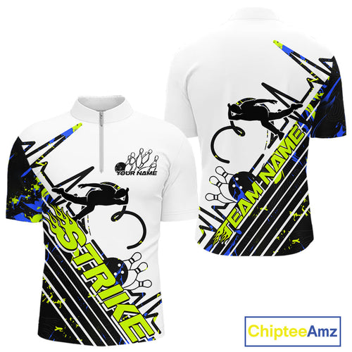 Custom Blue And Green Camo Strike Bowling Quarter-Zip Shirt For Men, Bowling Heartbeat Pulse Line IPHW9249