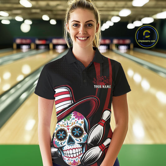 Custom Black And Red Sugar Skull Bowling Team Polo Shirts For Women, Bowling League Shirt IPHW9256