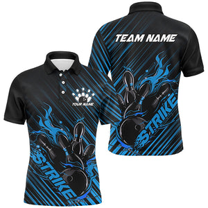 Custom Black And Blue Flame Bowling Shirts For Men, Strike Bowling Team Shirts Outfit Bowling IPHW7320