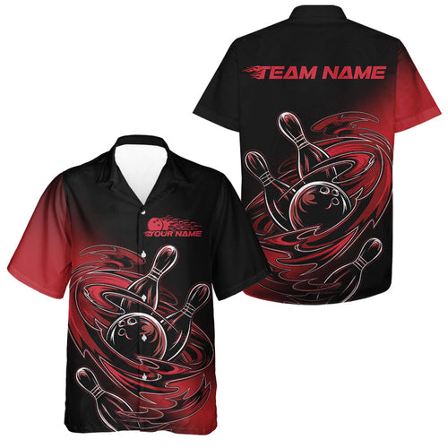 Custom Striking Black And Red Flame Bowling Hawaiian Shirts For Men, Red Bowling Jerseys IPHW8042
