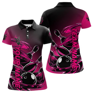 Custom Pink And Black Bowling League Shirt, Flaming Bowling Polo Shirts For Women IPHW8050