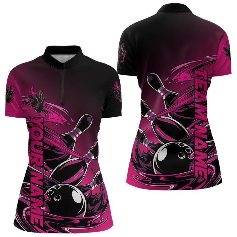 Custom Pink And Black Bowling League Shirt, Flaming Bowling Quarter-Zip Shirts For Women IPHW8050