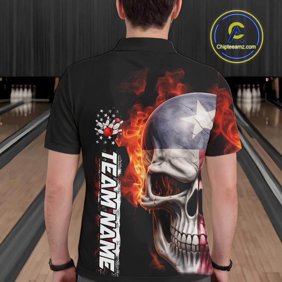Custom Flame Skull American Texas Flag Men Bowling Team Shirt, Patriotic Bowling Jerseys IPHW10635