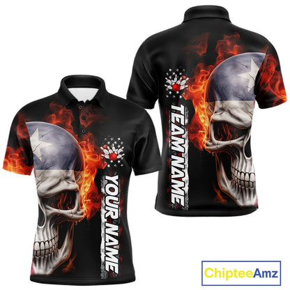 Custom Flame Skull American Texas Flag Men Bowling Team Shirt, Patriotic Bowling Jerseys IPHW10635