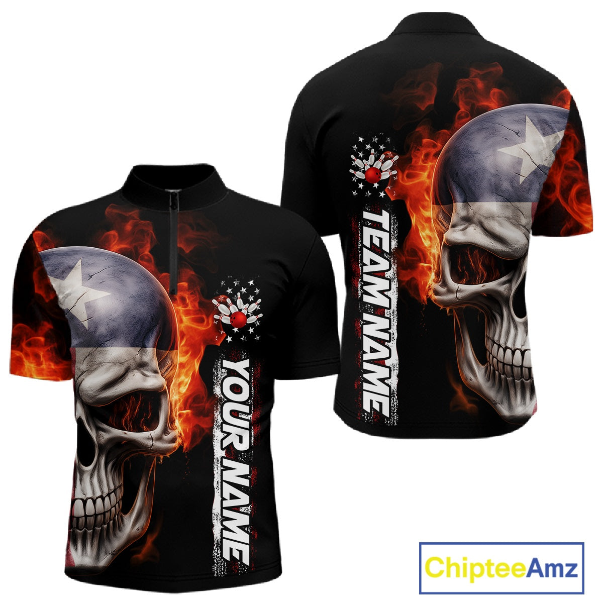 Custom Flame Skull American Texas Flag Men Bowling Team Shirt, Patriotic Bowling Jerseys IPHW10635