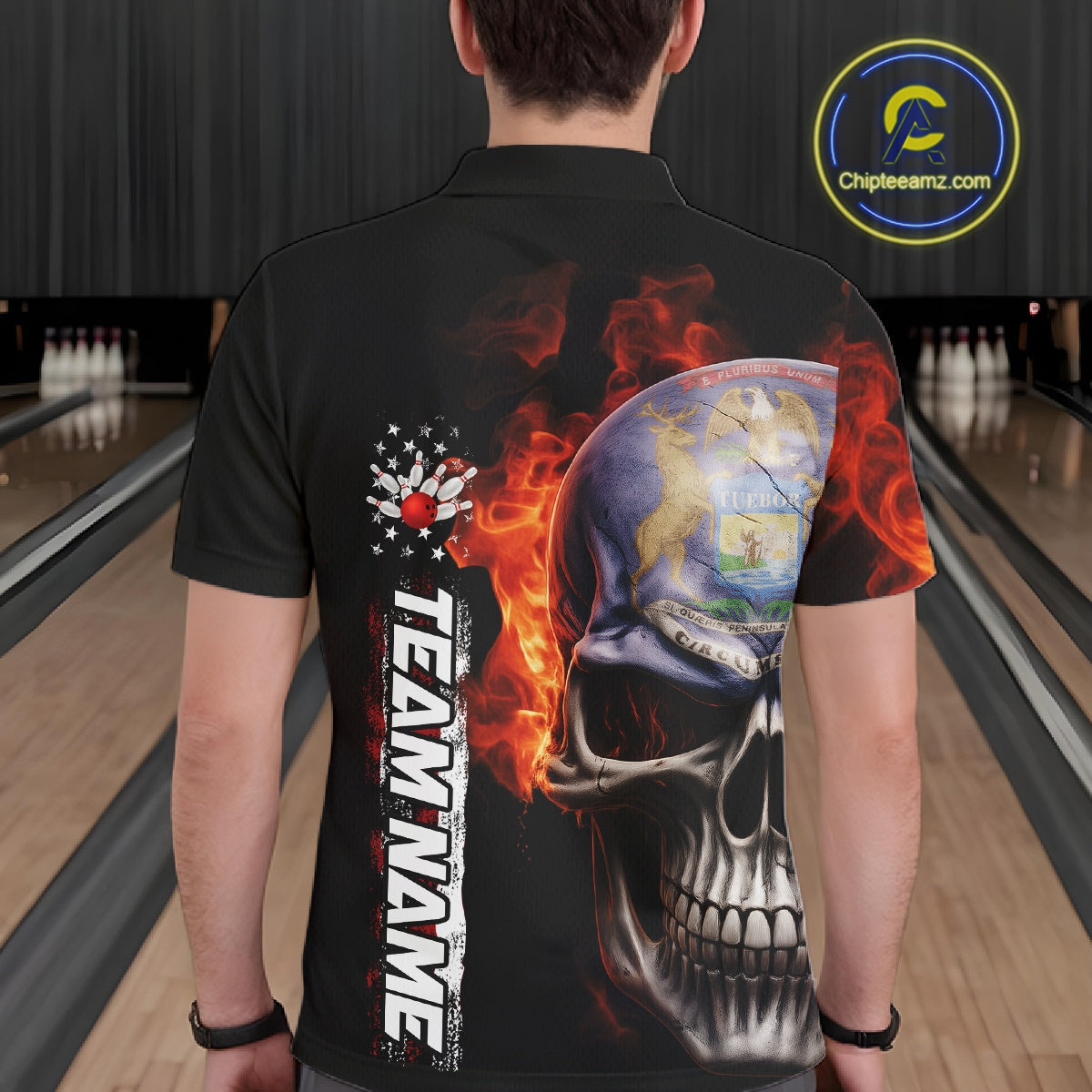 Custom Flame Skull American Michigan Flag Men Bowling Team Shirt, Patriotic Bowling Jersey IPHW10636