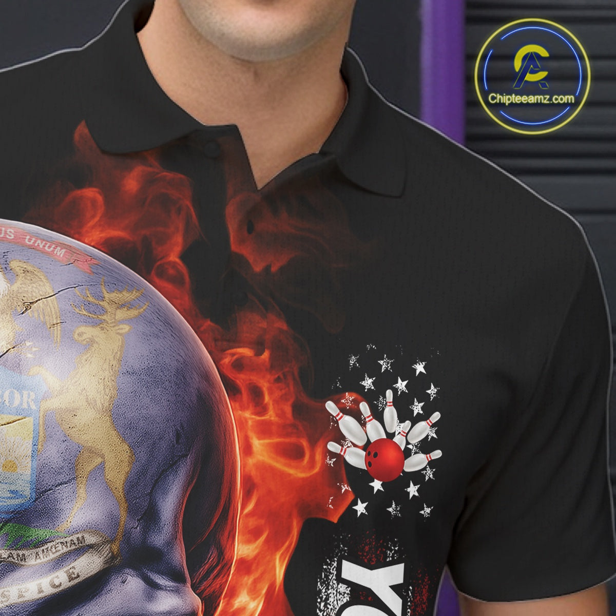 Custom Flame Skull American Michigan Flag Men Bowling Team Shirt, Patriotic Bowling Jersey IPHW10636