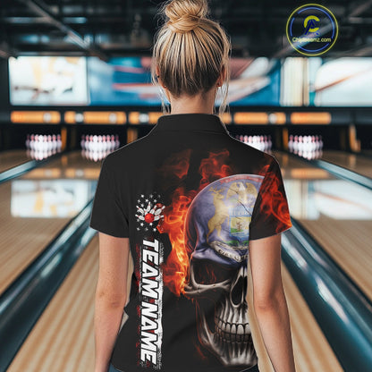 Custom Flame Skull American Michigan Flag Women Bowling Team Shirt, Patriotic Bowling Jersey IPHW10636