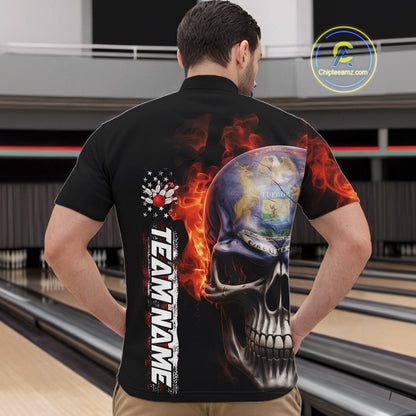 Custom Flame Skull American Michigan Flag Men Bowling Team Shirt, Patriotic Bowling Jersey IPHW10636