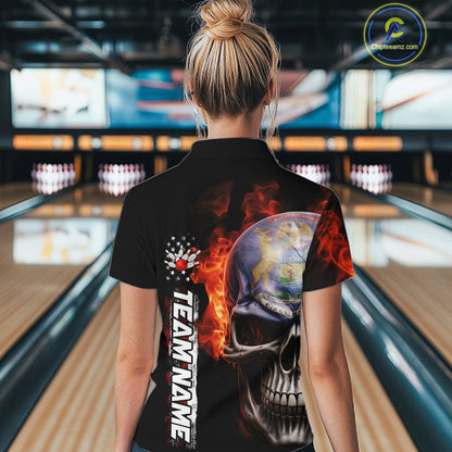 Custom Flame Skull American Michigan Flag Women Bowling Shirt, Patriotic Bowling Jersey IPHW10636