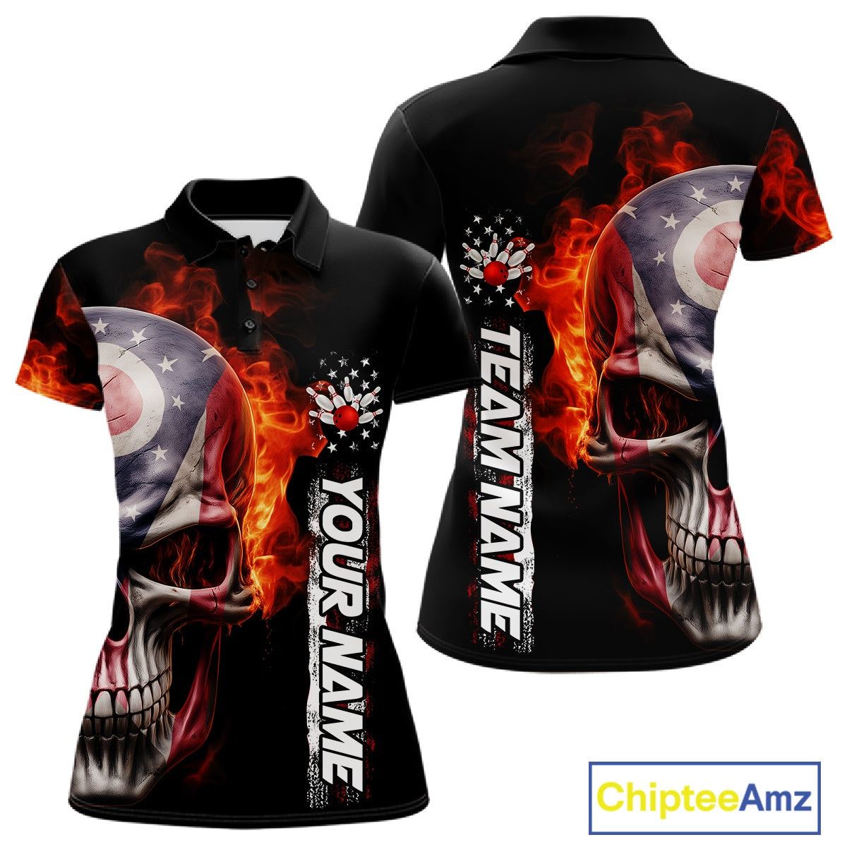 Custom Flame Skull American Ohio Flag Women Bowling Team Shirt, Patriotic Bowling Jersey IPHW10637