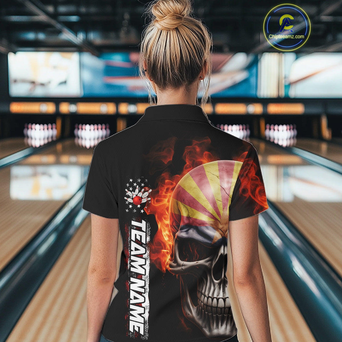 Custom Flame Skull American Arizona Flag Women Bowling Team Shirt, Patriotic Bowling Jersey IPHW10638