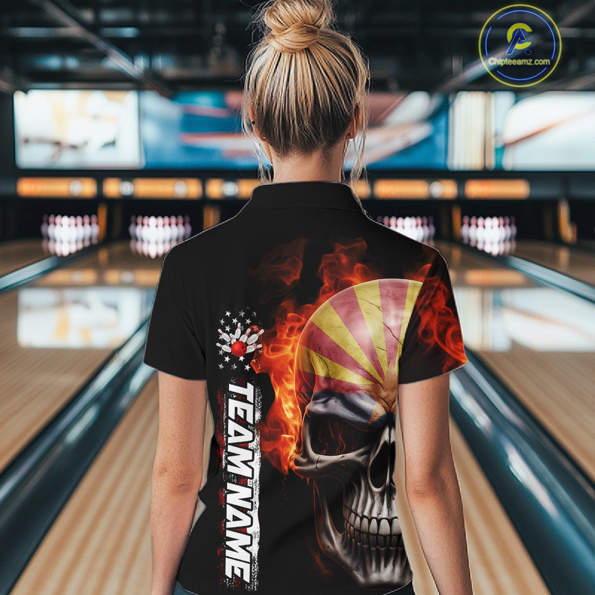 Custom Flame Skull American Arizona Flag Women Bowling Shirt, Patriotic Bowling Jersey IPHW10638