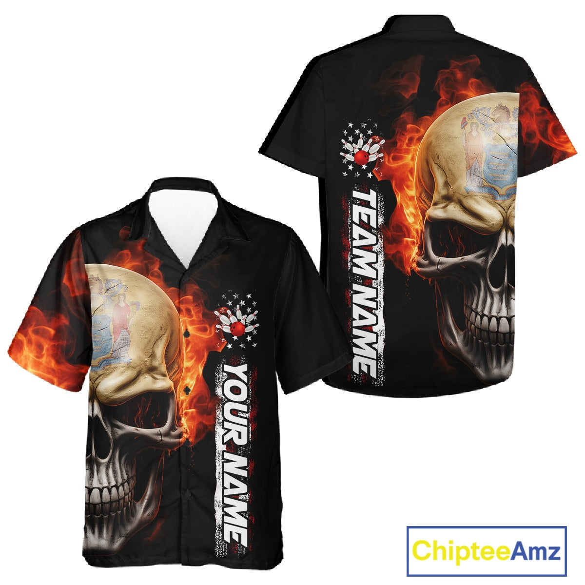 Custom Flame Skull American New Jersey Flag Men And Women Bowling Shirt, Patriotic Bowling Shirt IPHW10639