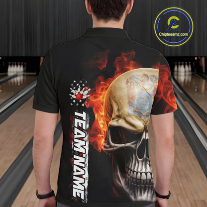 Custom Flame Skull American New Jersey Flag Men Bowling Shirt, Patriotic Bowling Shirt IPHW10639