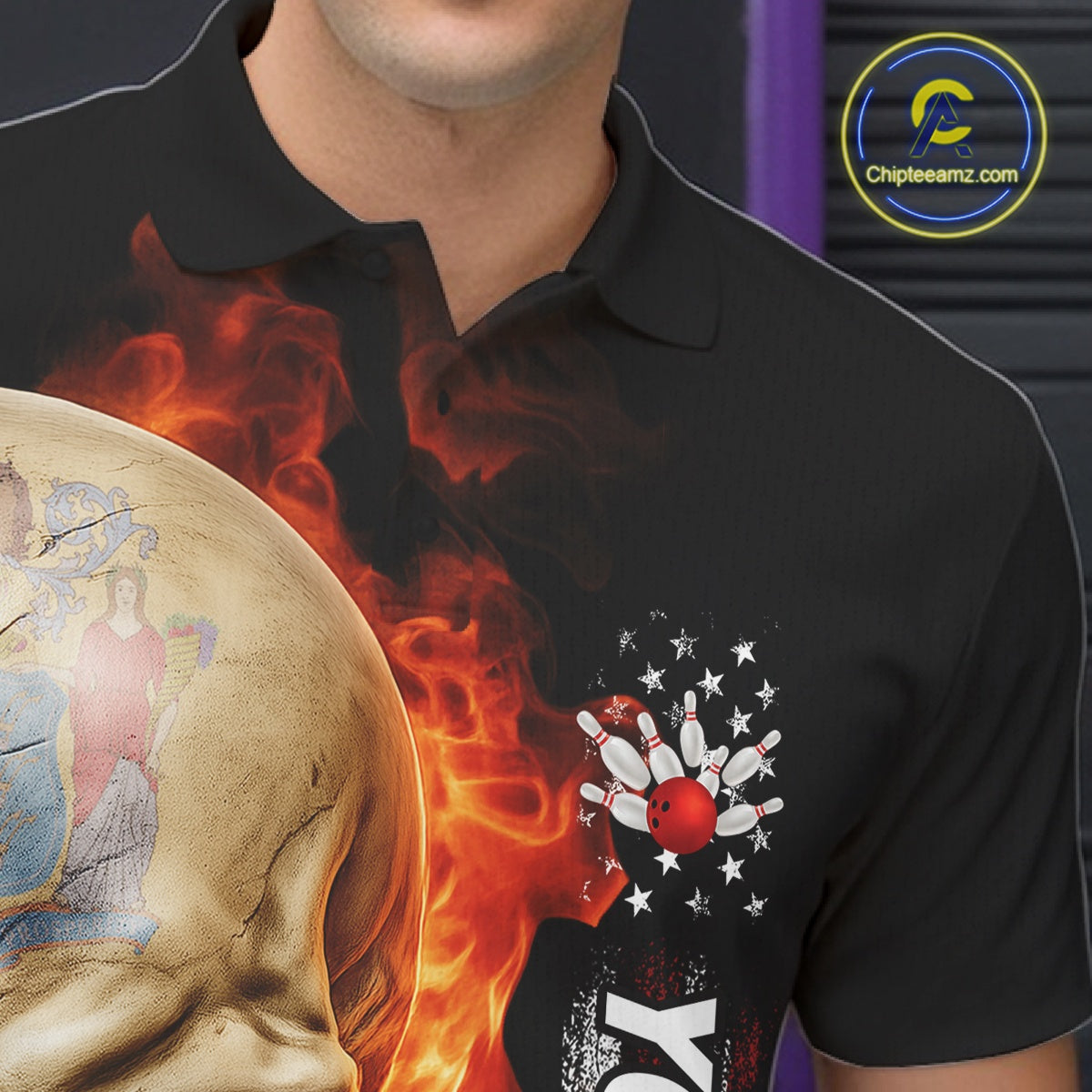 Custom Flame Skull American New Jersey Flag Men Bowling Shirt, Patriotic Bowling Shirt IPHW10639
