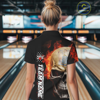 Custom Flame Skull American New Jersey Flag Women Bowling Shirt, Patriotic Bowling Shirt IPHW10639