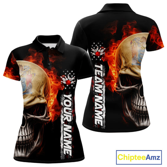 Custom Flame Skull American New Jersey Flag Women Bowling Shirt, Patriotic Bowling Shirt IPHW10639