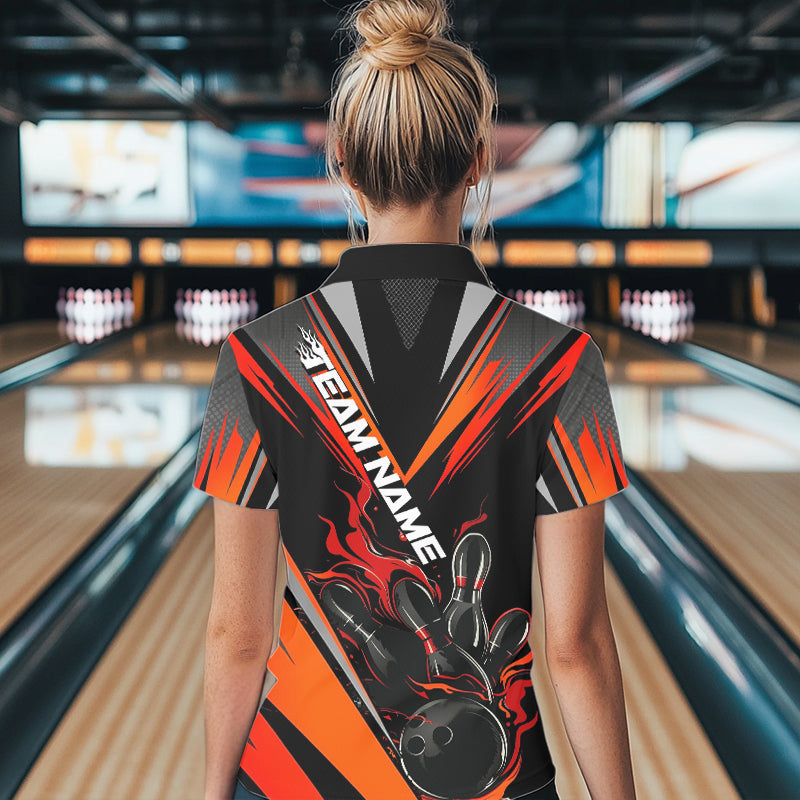Custom Black And Red Flame Bowling Women Polo Shirts, Fire Bowling Tournament Team Outfits IPHW8773