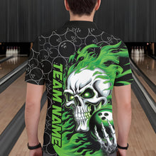 Load image into Gallery viewer, Custom Black And Green Flame Skull Bowling Men Polo Shirts, Skull Halloween Bowling Outfit IPHW8775