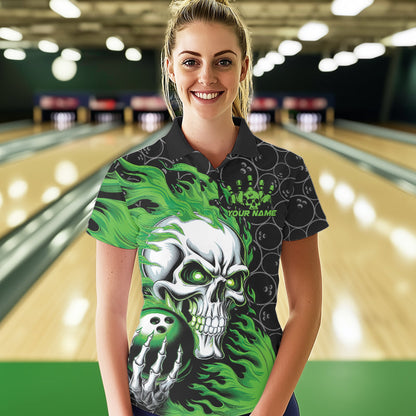 Custom Black And Green Flame Skull Bowling Women Polo Shirts, Halloween Bowling Outfit IPHW8775