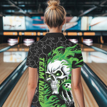 Load image into Gallery viewer, Custom Black And Green Flame Skull Bowling Women Polo Shirts, Halloween Bowling Outfit IPHW8775