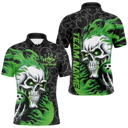Custom Black And Green Flame Skull Bowling Men Polo Shirts, Skull Halloween Bowling Outfit IPHW8775