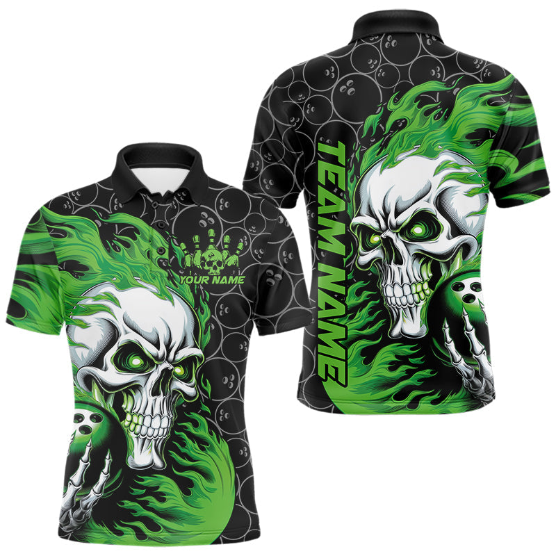 Custom Black And Green Flame Skull Bowling Men Polo Shirts, Skull Halloween Bowling Outfit IPHW8775