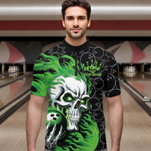 Load image into Gallery viewer, Custom Black And Green Flame Skull Bowling Men Quarter-Zip Shirts, Skull Halloween Bowling Outfit IPHW8775
