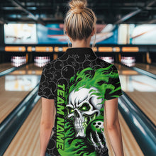 Load image into Gallery viewer, Custom Black And Green Flame Skull Bowling Women Quarter-Zip Shirt, Halloween Team Outfit IPHW8775