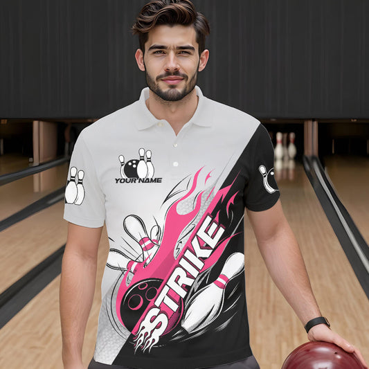 Custom Pink Flame Strike Bowling Men Polo Shirts, Bowling Team Uniform Bowling League Shirt IPHW8778