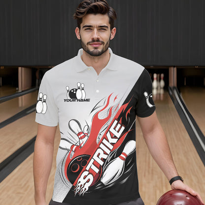 Custom Red Flame Strike Bowling Men Polo Shirts, Bowling Team Uniform Bowling League Shirt IPHW8780