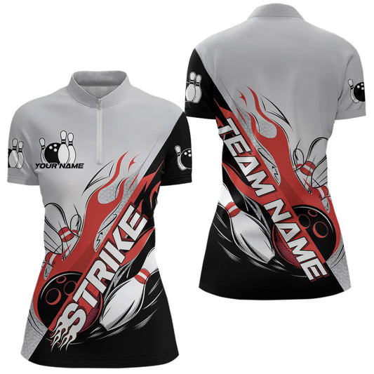Custom Red Flame Strike Bowling Women Quarter-Zip Shirts, Team Uniform Bowling League Shirt IPHW8780