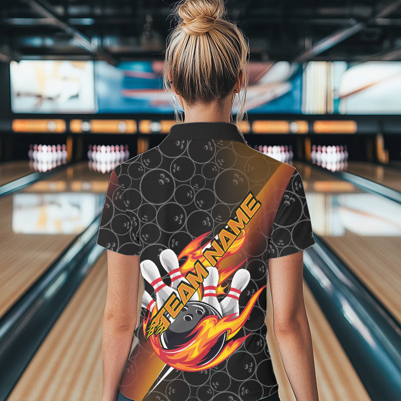 Custom Black And Red Flame Strike Bowling Women Polo Shirts, Bowling Ball Pattern Shirt IPHW8781