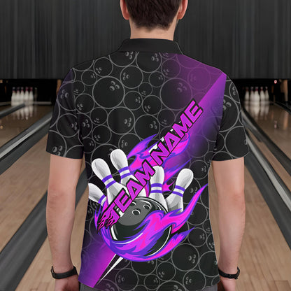 Custom Black And Blue Purple Flame Strike Bowling Men Polo Shirts, Bowling Ball Pattern Shirt IPHW8782