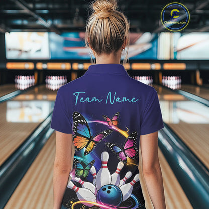 Custom Colorful Butterfly Bowling Women Polo Shirts With Team Name, Bowlers Outfit IPHW9012