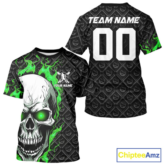 Custom Green Flame Skull Baseball Men T-Shirts Shirts, Baseball Team Uniform Halloween Outfit IPHW9587