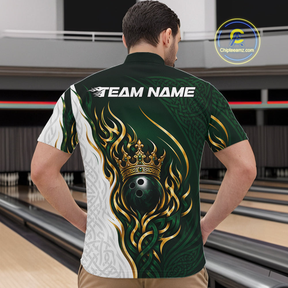 Custom White And Green Irish Tribal Pattern Bowling Ball With Crown Men Quarter Zip Team Shirt IPHW11697