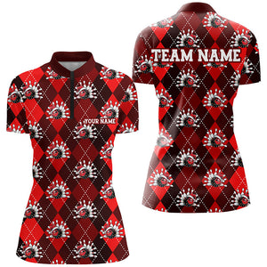 Red Argyle Pattern Custom Christmas Ladies Bowling Shirts, Team Bowling Uniform Xmas Outfit IPHW7330