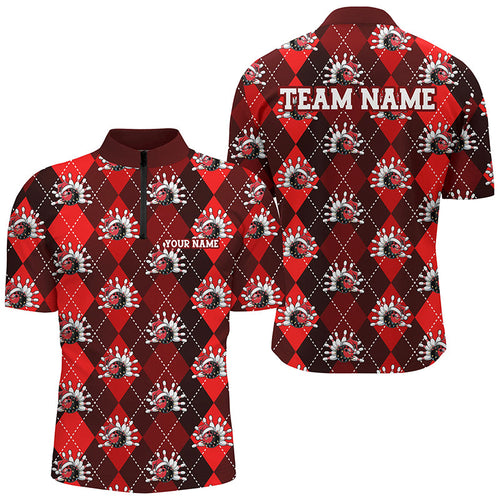 Red Argyle Pattern Custom Christmas Bowling Shirts For Men, Team Bowling Uniform Xmas Outfit IPHW7330