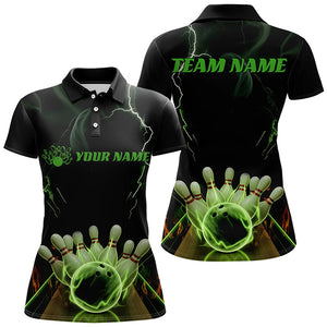 Black And Green Thunder Lightning Custom Bowling Polo Shirts For Women, Bowling Team Uniform IPHW8062