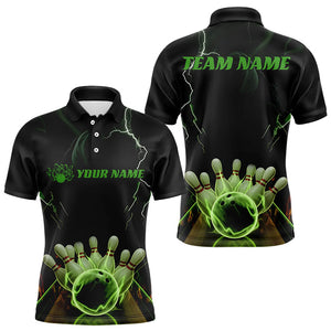 Black And Green Thunder Lightning Custom Bowling Polo Shirts For Men, Bowling Team Uniform IPHW8062