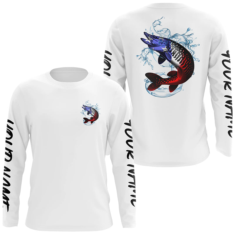 Personalized American Flag Musky Fishing Shirts, Patriotic Muskie Long Sleeve Fishing Shirts IPHW6274